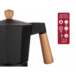 CAFETERA ALUMINIO 3 TAZAS NEGRA ASA MADERA