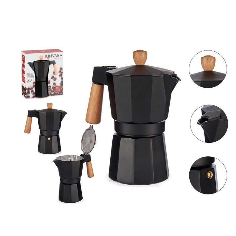 CAFETERA ALUMINIO 6 TAZAS NEGRA ASA MADERA