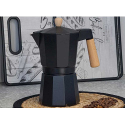 CAFETERA ALUMINIO 6 TAZAS NEGRA ASA MADERA