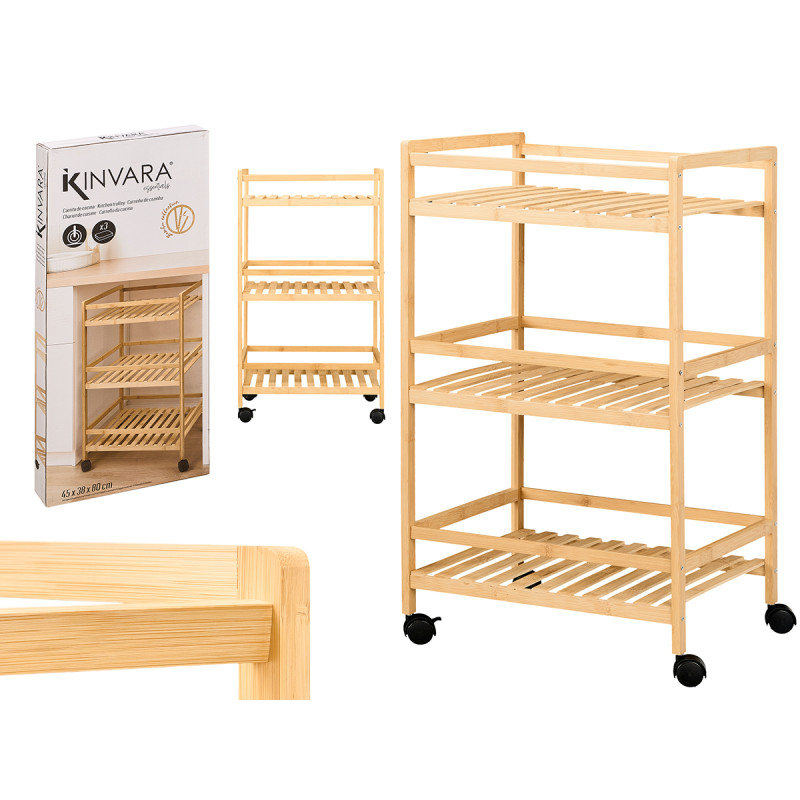 3 TIER WIDE BAMBOO TROLLEY WHEELS