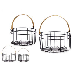 SET OF TWO ROUND BLACK BASKETS WITH GOLDEN HANDLE 