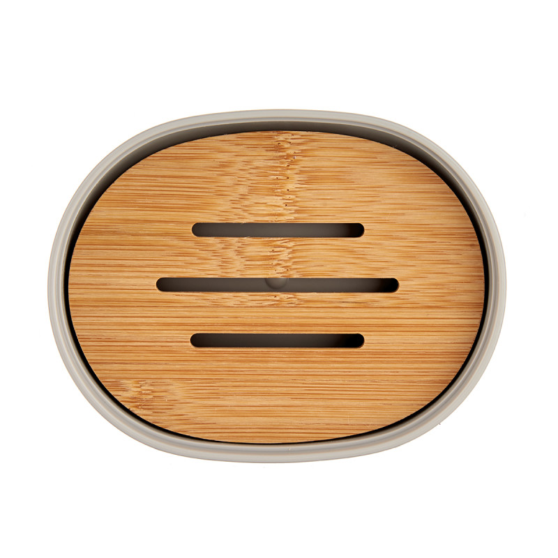 JABONERA GRIS CON TAPA BAMBU