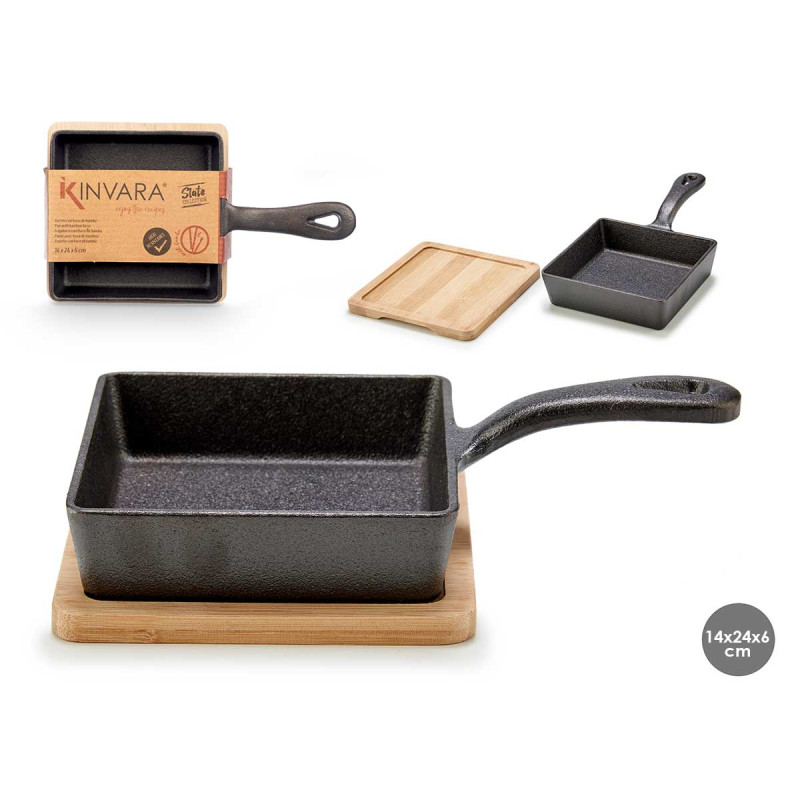 SMALL SQUARE CAST IRON PAN W/BAMBOO TRAY