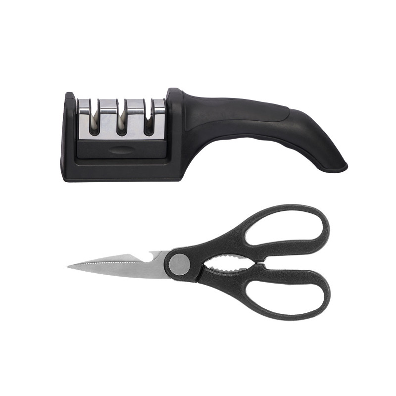 SET 3 COLTELLI FORBICI AFFILATORE NERO 