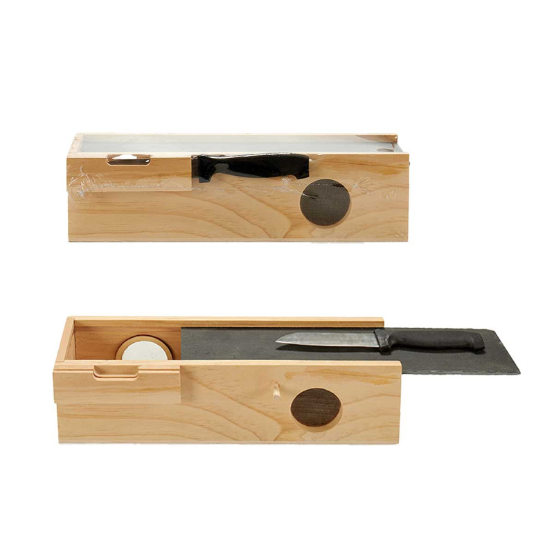 SAUSAGE WOODEN BOX SLATE COVER AND KNIFE
