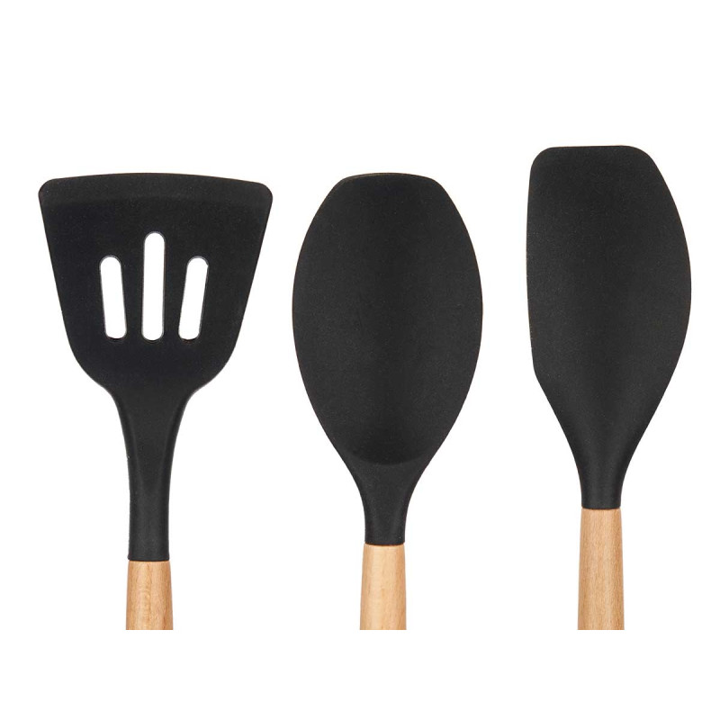SET 3 PCS BLACK WOODEN SILICONE KITCHEN SHOVELS