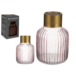 VASO VIDRO RISCAS DOURADO PEQUENO ROSA