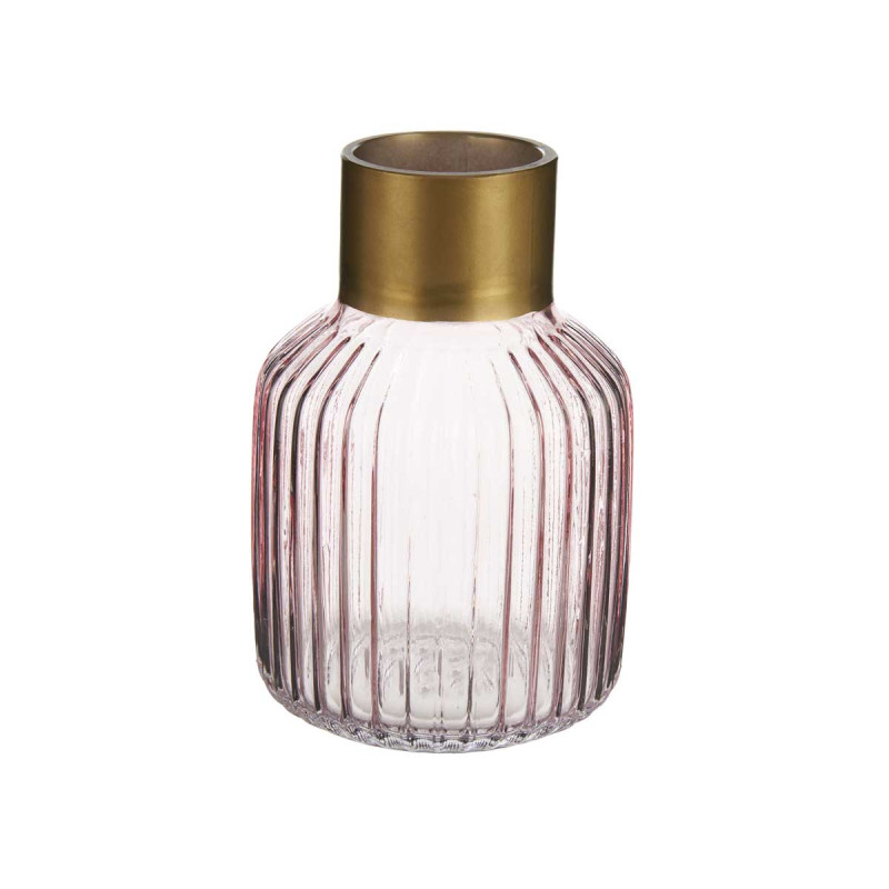VASO VIDRO RISCAS DOURADO PEQUENO ROSA