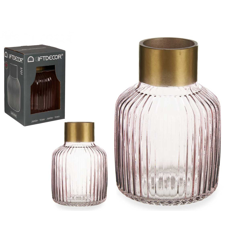 VASO VIDRO RISCAS DOURADO GRANDE ROSA