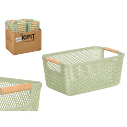 GREEN PLASTIC BASKET BAMBOO HANDLE 32X20,5CM