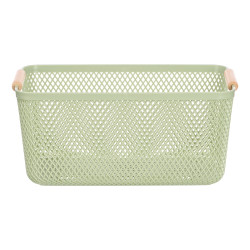 GREEN PLASTIC BASKET BAMBOO HANDLE 36X22CM