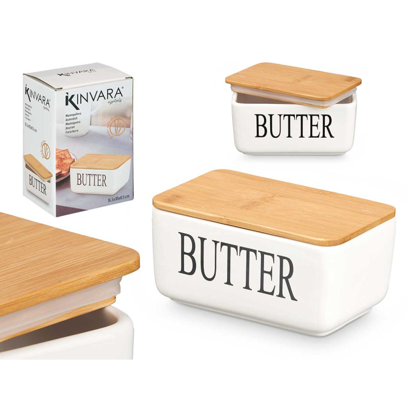 WHITE BUTTER DISH BAMBOO COVER