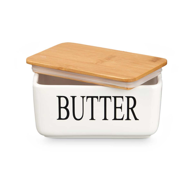 WHITE BUTTER DISH BAMBOO COVER