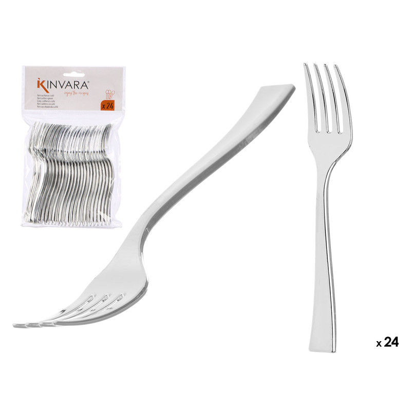 SET 24 TENEDOR POSTRE PLASTICO PLATEADO