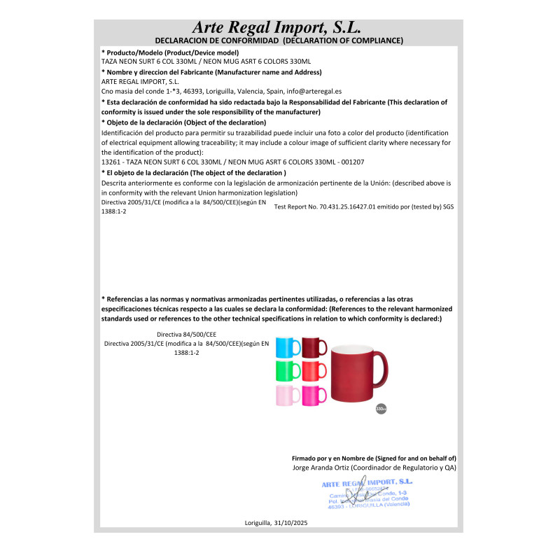 MUG NEON ASSORT 6 CLR 330ML