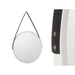 ROUND MIRROR IMITATION LEATHER HANDLE WHITE SMALL