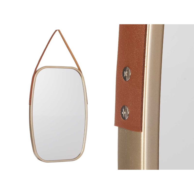 MIROIR RECTANGULAIRE POIGNÉE SIMILI-CUIR CHAMPAGNE