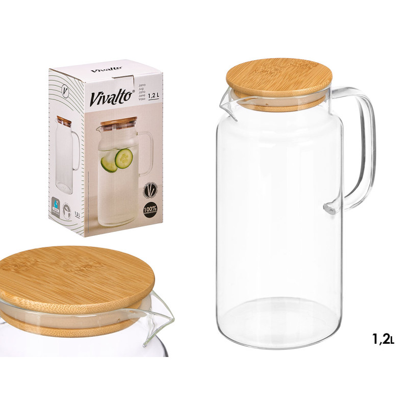 ROUND BOROSILICATE PITCHER BAMBOO COVER 1,2L