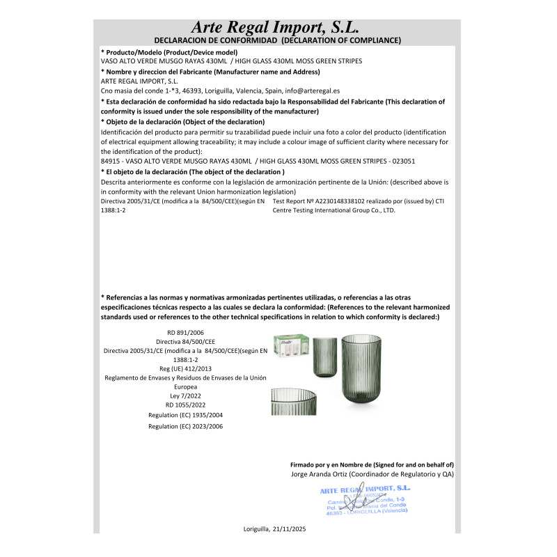 BICCHIERE ALTO 430ML STRISCE VERDE MUSCHIO