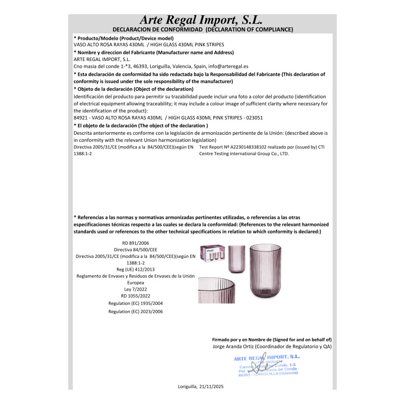 BICCHIERE ALTO 430ML STRISCE ROSA