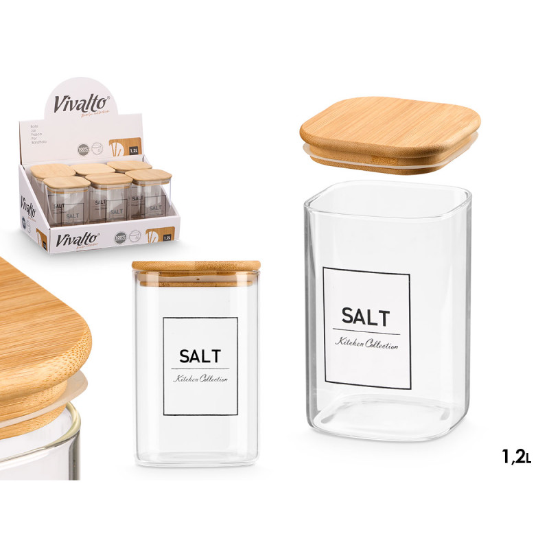 SQUARE BOROSILICATE JAR BAMBOO LID SALT 1,2L