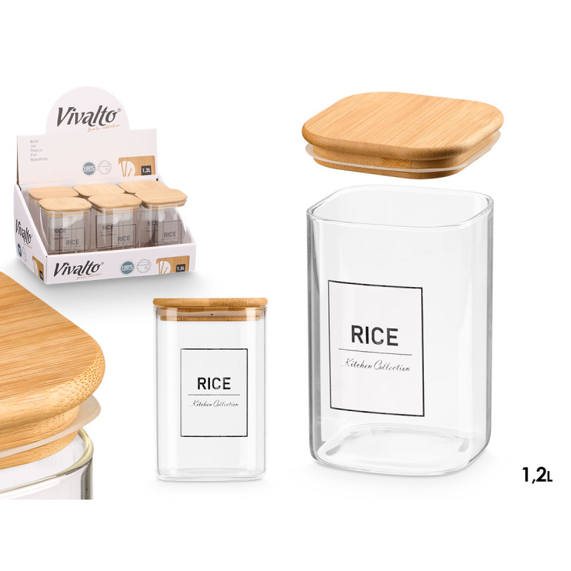 POT CARRÉ BOROSILICATE COUVERCLE BAMBOU RICE 1,2L