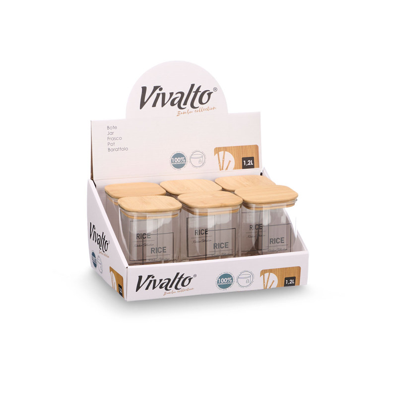 SQUARE BOROSILICATE JAR BAMBOO LID RICE 1,2L