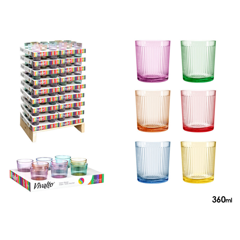 VASO VIDRIO RAYAS 360ML SURT 6 COLORES DISPLAY