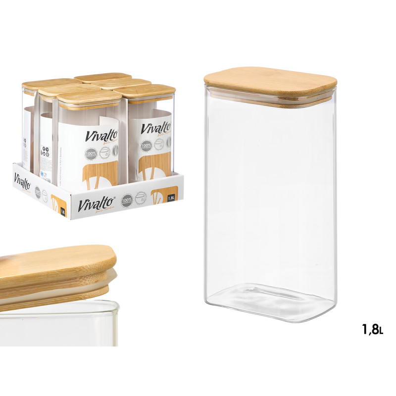 BARATTOLO RETTANGOLAR BOROSILICAT 1,8L TAPPO BAMBU