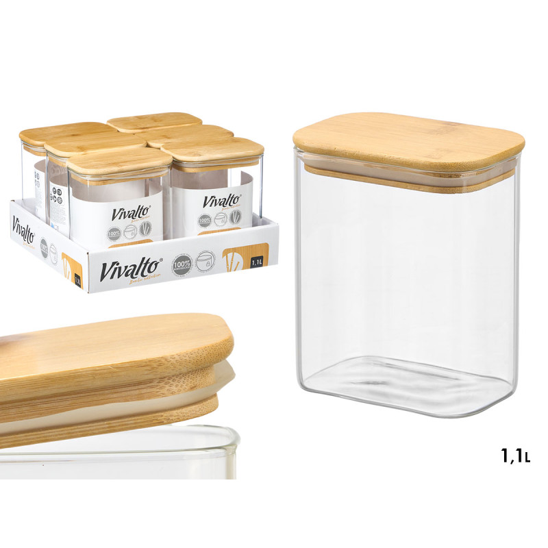 1,1L RECTANGULAR BOROSILICATE JAR WITH BAMBOO LID 