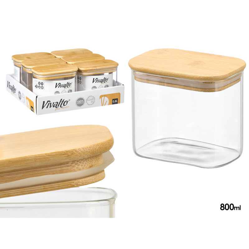 FRASCO RECTANGULAR BOROSILICATO 800ML TAMPA BAMBU