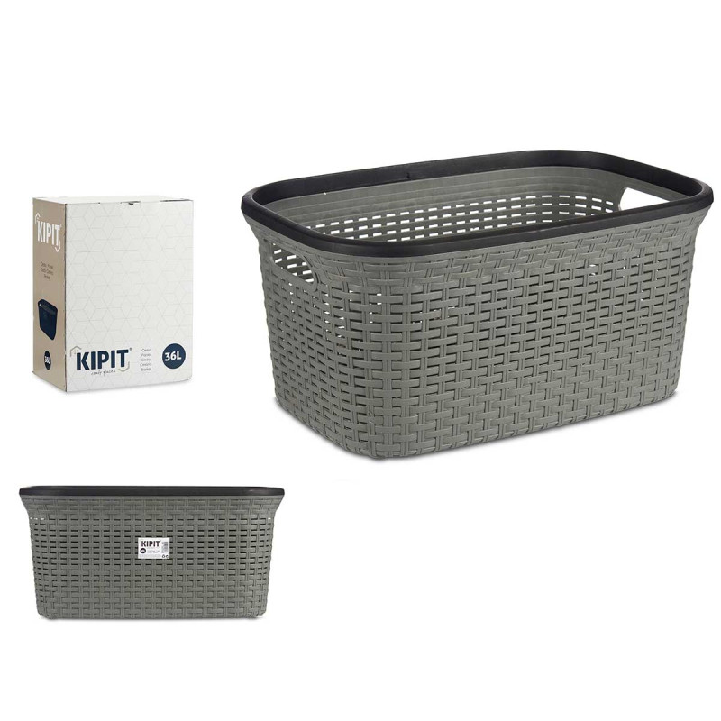 GREY RATTAN PLASTIC LAUNDRY BASKET 36L