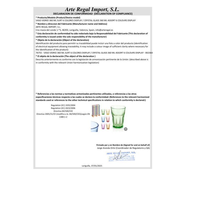 VASO VIDRIO SURT 6 COLORES 360ML DISPLAY