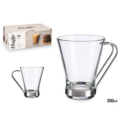 TAZA VIDRIO CON ASA METAL 200 ML CAFE CON LECHE