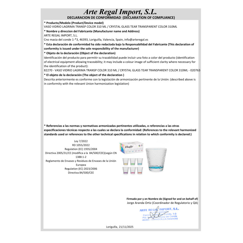 BICCHIERE VETRO LACRIMA TRASP COLOR 310 ML