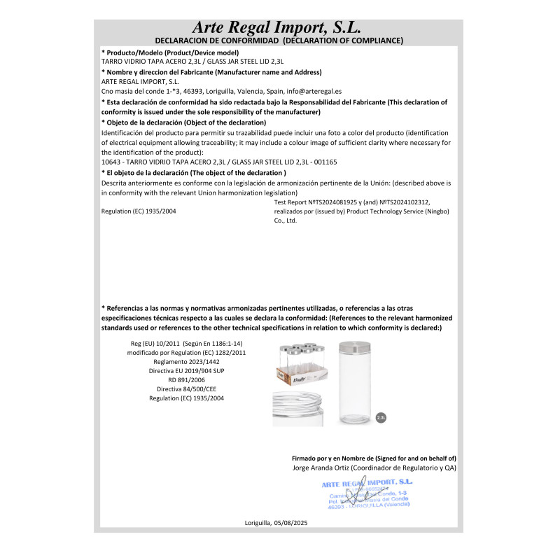 TARRO VIDRIO TAPA ACERO 2,3L