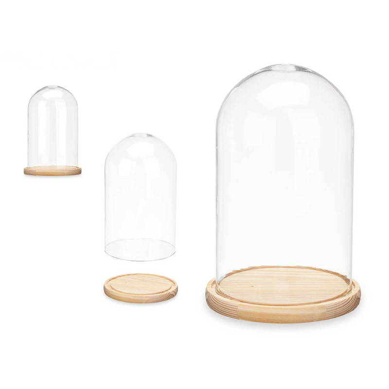 CUPULA CRISTAL CON BASE MADERA 15 DIAM X 25CM