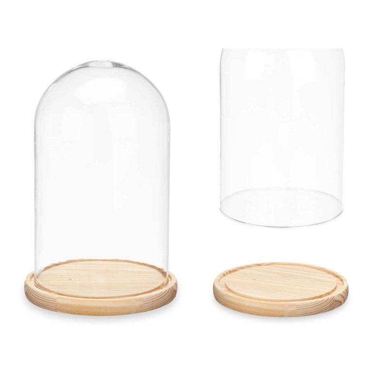 CUPULA CRISTAL CON BASE MADERA 15 DIAM X 25CM