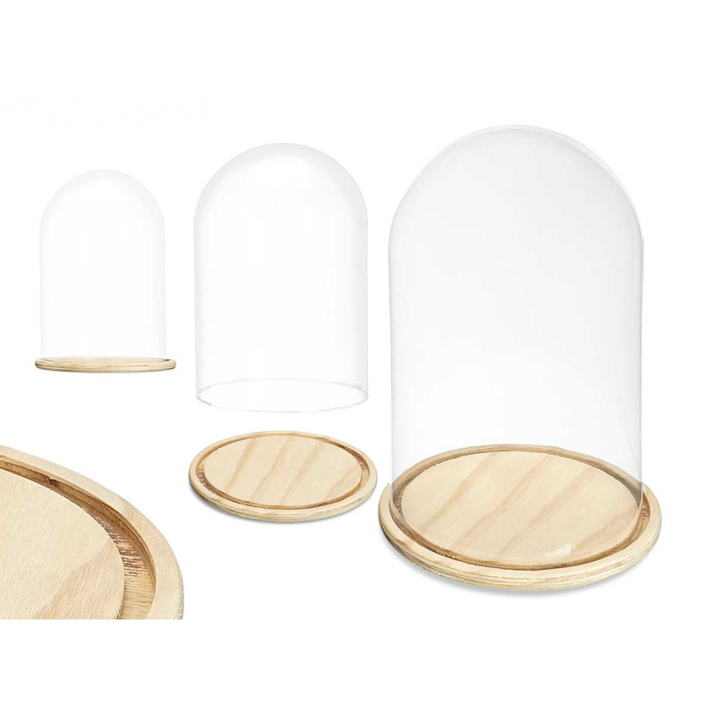 CUPULA CRISTAL CON BASE MADERA 20 DIAM X 30CM