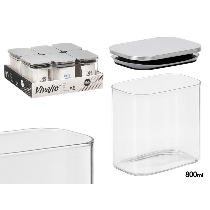 FRASCO RECTANGULAR BOROSILICATO 800ML TAMPA AÇO