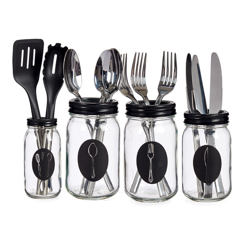 SET 4 PORTA POSATE VETRO CON COPERCHIO METALLO