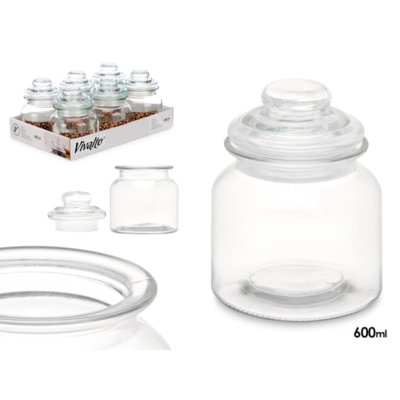 FRASCO REDONDO DE VIDRO LISO TAMPA DE VIDRO 600ML