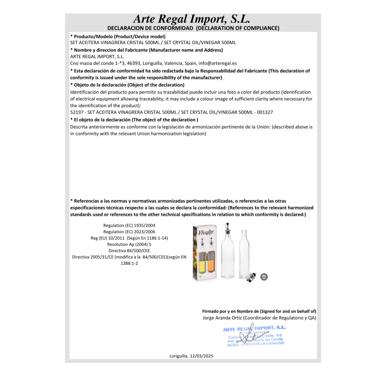 SET CRYSTAL OIL/VINEGAR 500ML