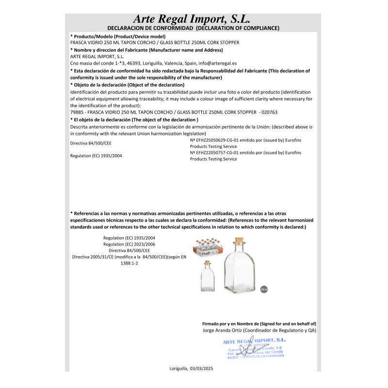 FRASCA VIDRIO 250 ML TAPON CORCHO