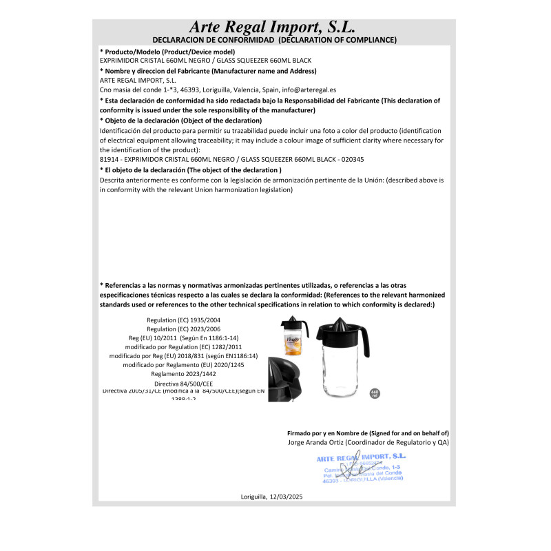 EXPRIMIDOR CRISTAL 660ML NEGRO