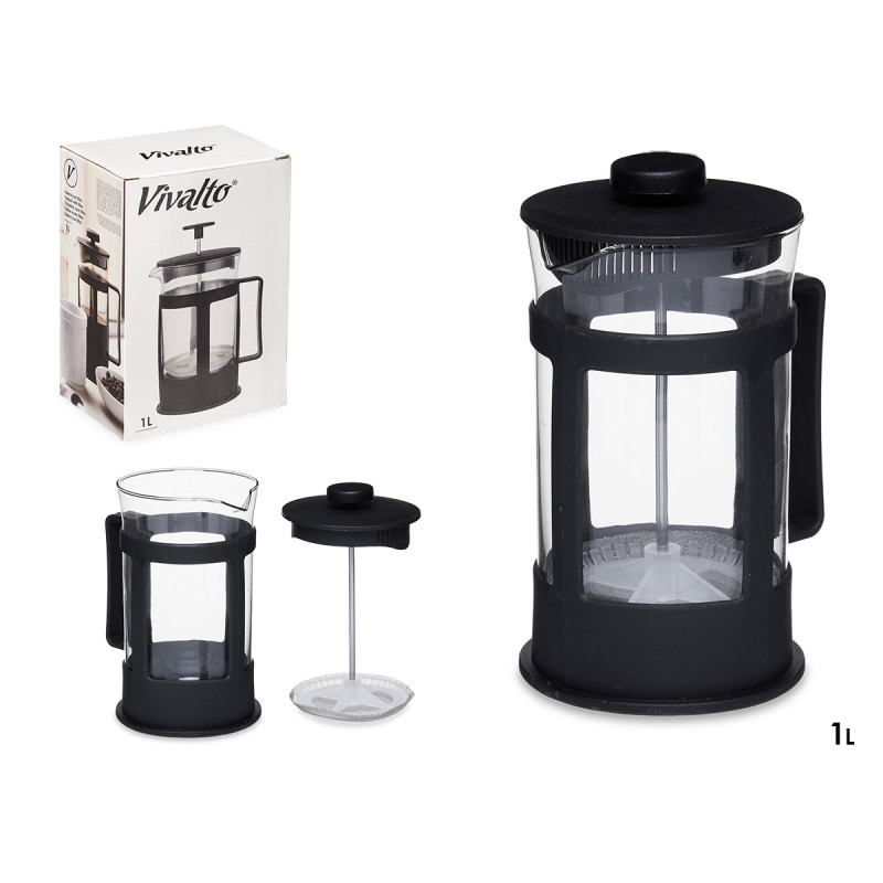 PLASTIC GLASS TEAPOT WITH PLUNGER 1L