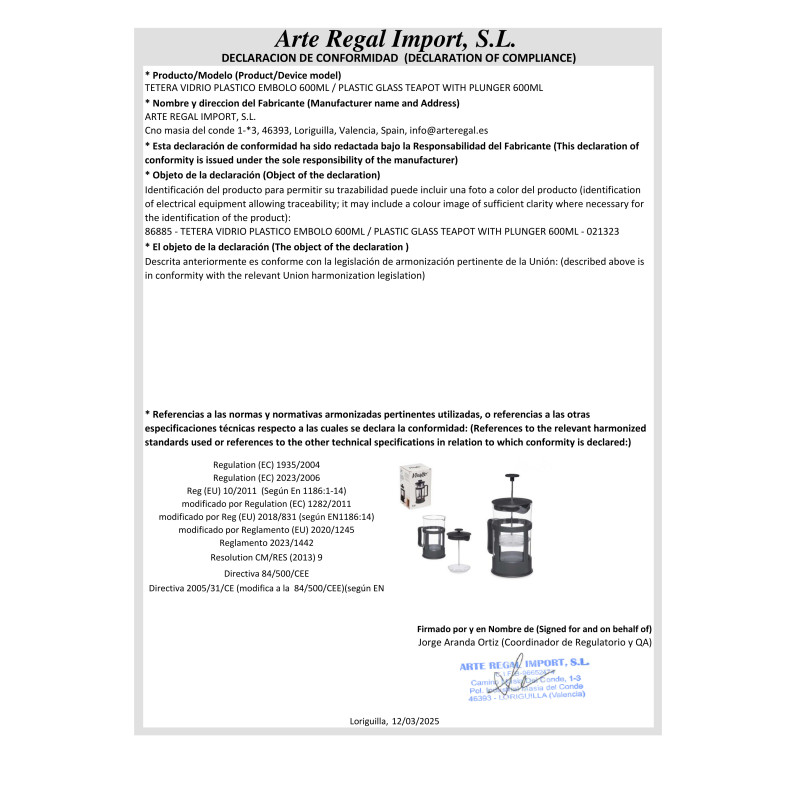 TEIERA IN VETRO PLASTICA STANTUFFO 600L