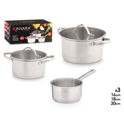 SET 3 CASSEROLE EN ACIER COUVERCLES EN VERRE