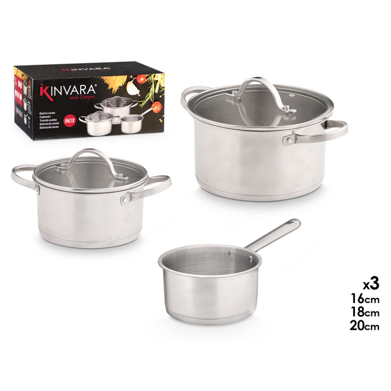 SET 3 CASSEROLE EN ACIER COUVERCLES EN VERRE