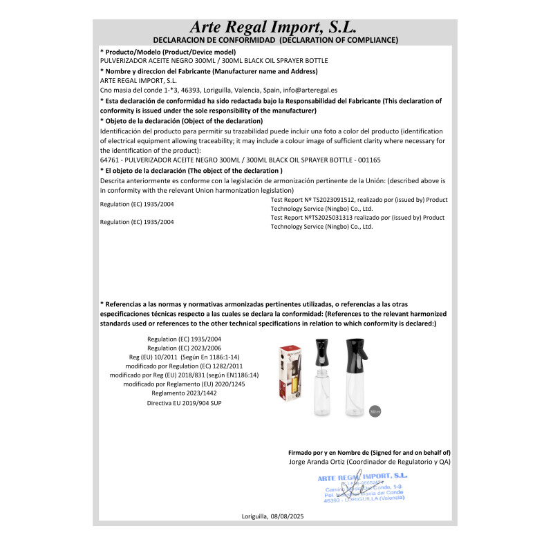 PULVERIZADOR PARA AZEITE 300ML PRETO